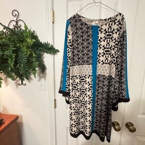 Emma & Michele Black and White Patterned Dress with Blue Detail